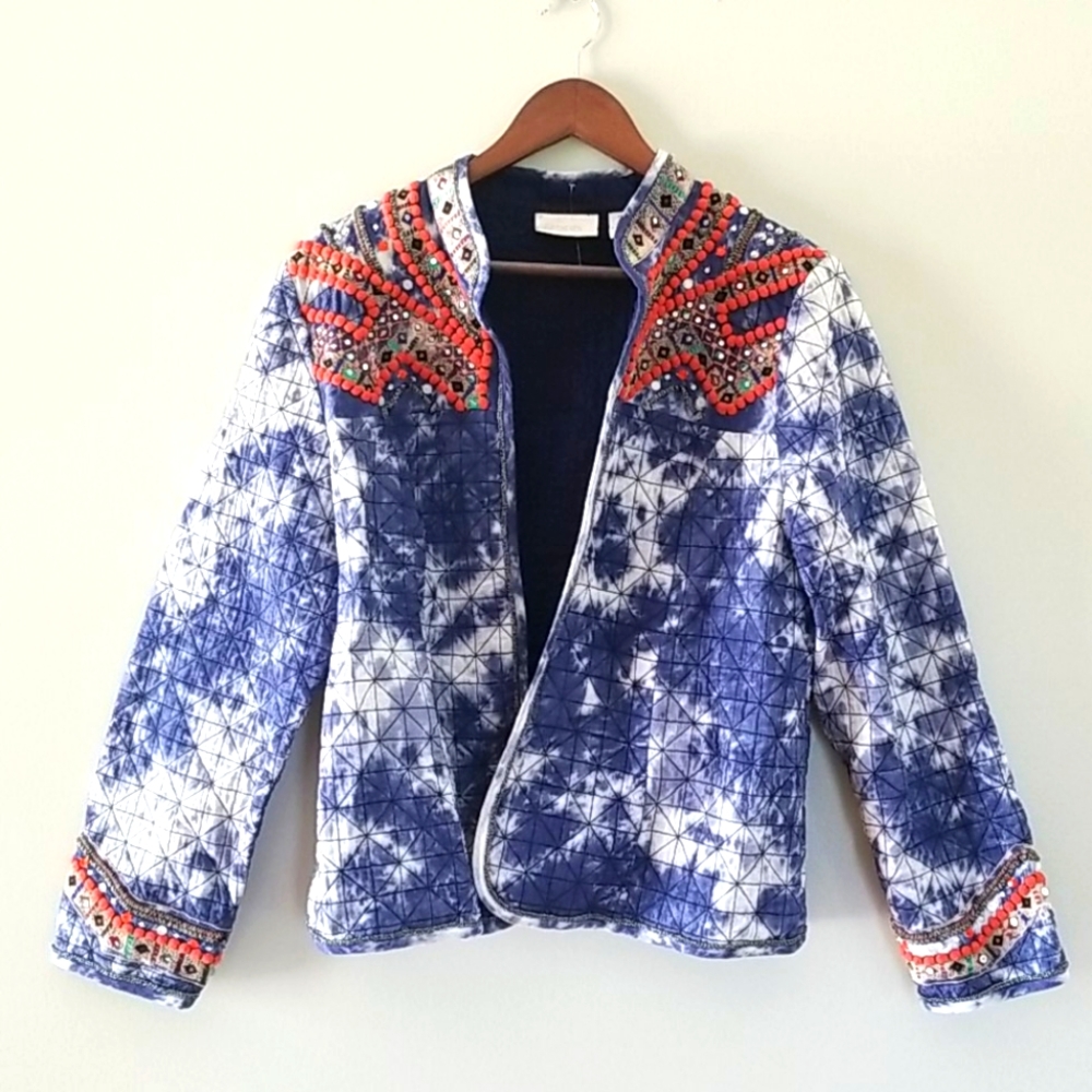 Chico's Artisan Embroidered  Quilted Tie Dye Jacket sz 2 / Large